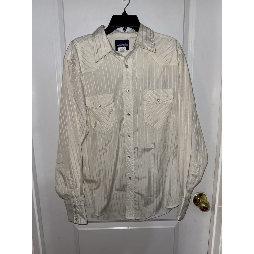 Wrangler Shirt Mens Size XL White VTG Stripes Pearl Snap Button Down Long Sleeve